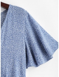 Tiny Floral Drawstring Mini Surplice Dress - Cornflower Blue S