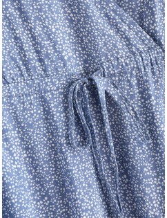 Tiny Floral Drawstring Mini Surplice Dress - Cornflower Blue S