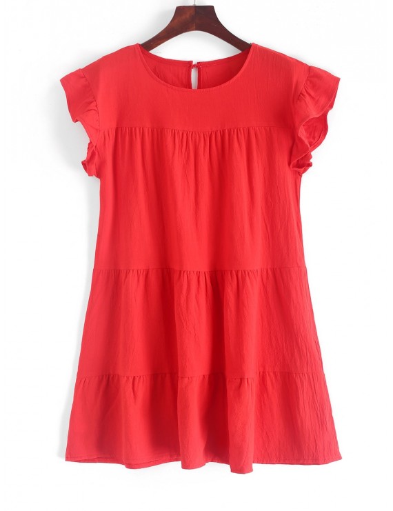 Round Neck Mini Solid Dress - Red S