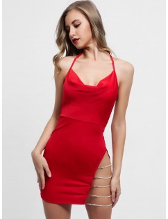 Chains Embellished Backless Halter Dress - Ruby Red S