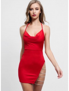 Chains Embellished Backless Halter Dress - Ruby Red S