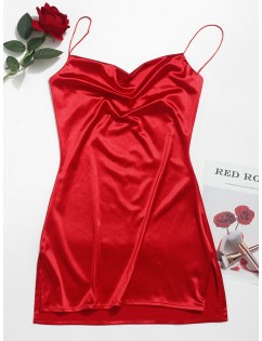 Side Slit Satin A Line Cami Dress - Red S