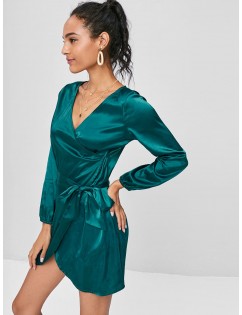Long Sleeve Wrap Mini Satin Dress - Greenish Blue S