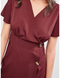 Low Cut Buttoned A Line Solid Dress - Red Wine M