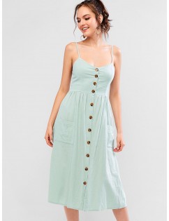 Smocked Back Buttoned Pockets Cami Dress - Pale Blue Lily S