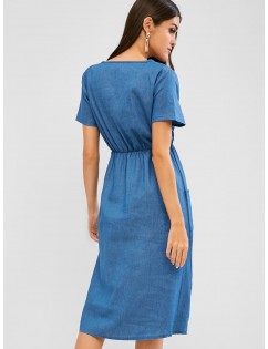 Buttoned Pockets Chambray Casual Dress - Deep Blue M