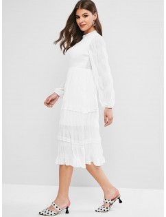 Ruffle Neck Smocked Long Sleeve Dress - White L