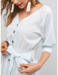 Knotted Button Up A Line Dress - Pale Blue Lily L