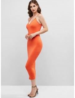 Neon Strappy Bodycon Cami Dress - Orange L