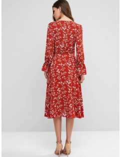 Poet Sleeve Ditsy Floral Ruffles Wrap Dress - Valentine Red M
