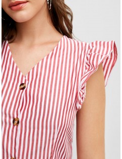 Ruffles Stripes Button Up Casual Dress - Cherry Red M