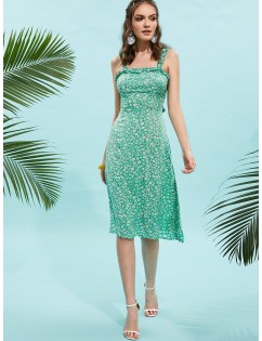  Knotted Back Ruffles Floral Print Dress - Green M