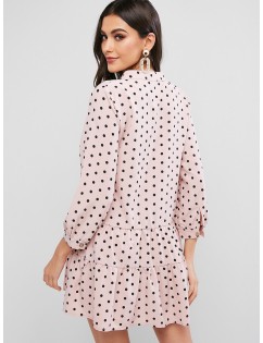 Polka Dot Flounce V Neck Tunic Shirt Dress - Light Pink L