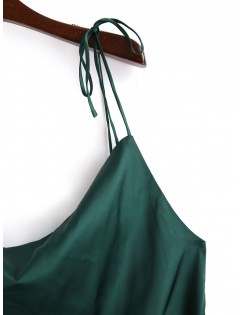  Spaghetti Strap Satin Tie Shoulder Mini Dress - Dark Forest Green M