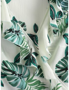  Leaf Print V Neck Ruffle Wrap Dress - Multi S