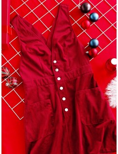  Half Buttoned Pockets Christmas Corduroy Mini Dress - Red Wine M