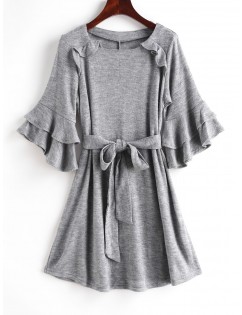 Flare Sleeves Ruffles Belted Solid Dress - Gray M