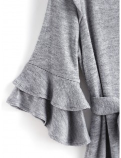 Flare Sleeves Ruffles Belted Solid Dress - Gray M
