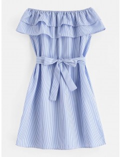 Tiered Flounce Striped Belted Dress - Light Sky Blue S
