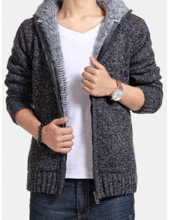 Mens Knit Hooded Thickened Warm Long-Sleeved Zip Up Fashion Casual Jacket