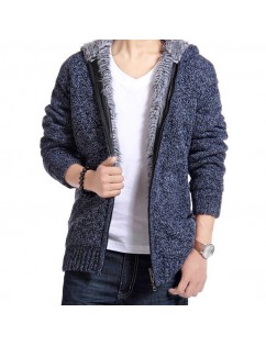 Mens Knit Hooded Thickened Warm Long-Sleeved Zip Up Fashion Casual Jacket
