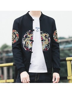 Mens Chinese Style Embroidery Coat Stand Collar Single-breasted Long Sleeve Casual Jacket