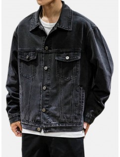 Mens Denim Solid Color Multi Pockets Turn Down Collar Long Sleeve Casual Jackets
