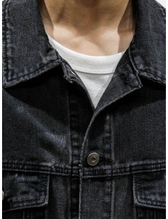 Mens Denim Solid Color Multi Pockets Turn Down Collar Long Sleeve Casual Jackets