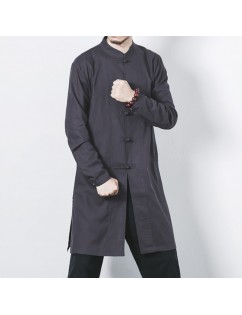 Plus Size Chinese Buttons Soft Long Cotton Linen Jacket for Men