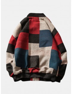 Mens Autumn Casual Warm Long Sleeve Fashion Colorblock Woolen Jacket