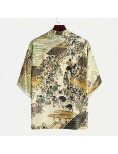 Mens Fashion Chinese Style Funny Printing Loose Half Sleeve Cardigan