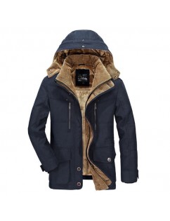 Winter Thicken Warm Multi Pockets Solid Color Detachable Hood Jacket for Men