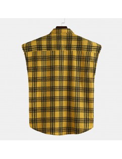 Mens Summer Plaid Printed Chest Pocket Turn Down Collar Sleeveless Casual Vests