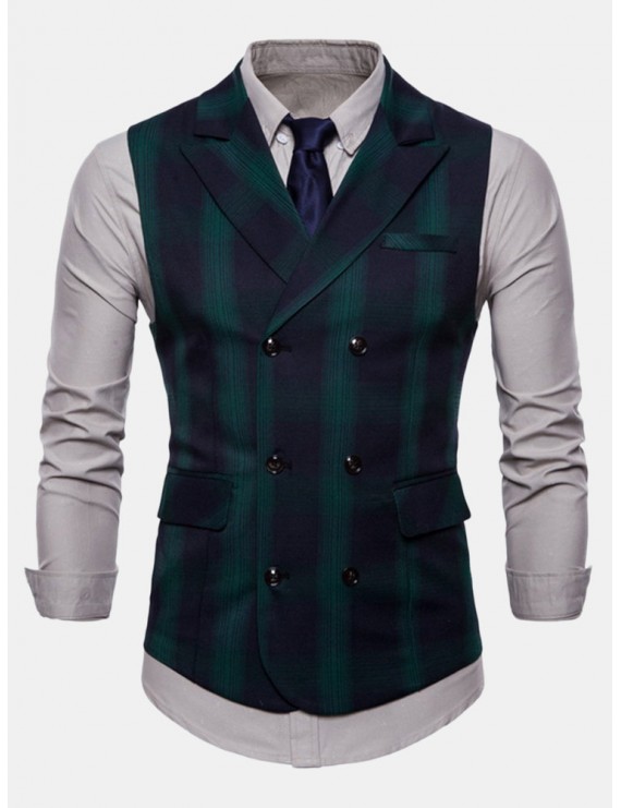 Business Double-breasted Plaid Printed Turndown Collar Slim Vest for Men