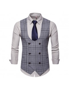 Mens British Style Plaid Printed Formal Business Slim Fit Double Breasted Suit Vest