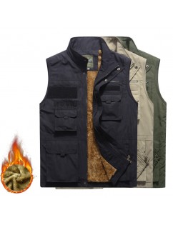 Men's Mutil-Pockets Outdoor Fishing Waterprrof Sleeveless Stand Collar Coat Fleece Vest