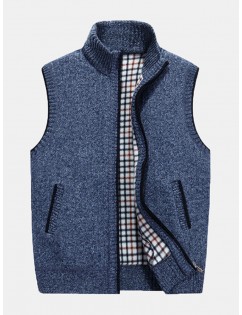 Men's Thicken Warm Solid Color Stand Collar Casual Zipper Vest Knitting Sweaters Vest
