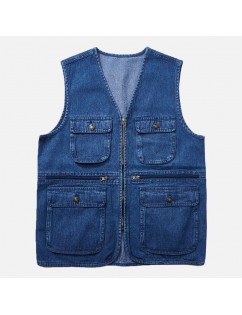 Mens Retro Denim Vest Casual Fishing Multi-pockets Middle-aged Fashion Zipper Vest