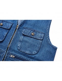 Mens Retro Denim Vest Casual Fishing Multi-pockets Middle-aged Fashion Zipper Vest