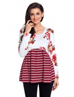 Wine Floral Striped Babydoll Tunic