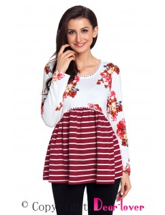 Wine Floral Striped Babydoll Tunic