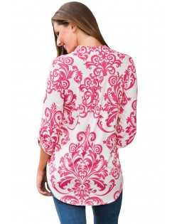 Pink Damask Print Slight Collar V Neck Tunic