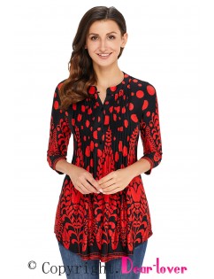 Red Floral Notch Neck Pin-tuck Tunic