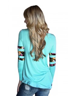 Light Blue Floral Print Splice Sleeve Pullover Tunic