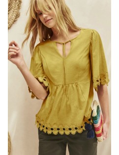 Yellow Lace Trim Elbow Sleeve Jersey Tunic Top
