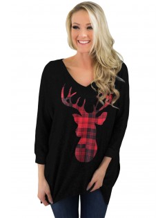 Christmas Deer Plaid Black Quarter Sleeve Tunic