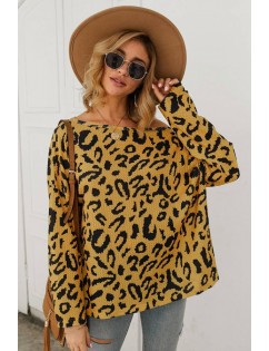 Yellow Leopard Long Sleeve Casual Pullover Sweater