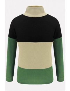 Green Color Block Turtle Neck Long Sleeve Casual Sweater