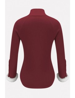 Dark-red Splicing Button Decor Long Sleeve Casual Sweater