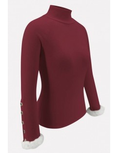 Dark-red Splicing Button Decor Long Sleeve Casual Sweater